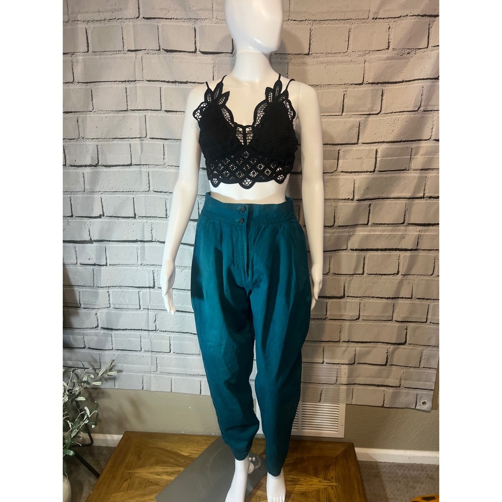 Vintage d. Frank Teal High Waisted Pleated Tapered Pants Cotton Made in USA Sz 8